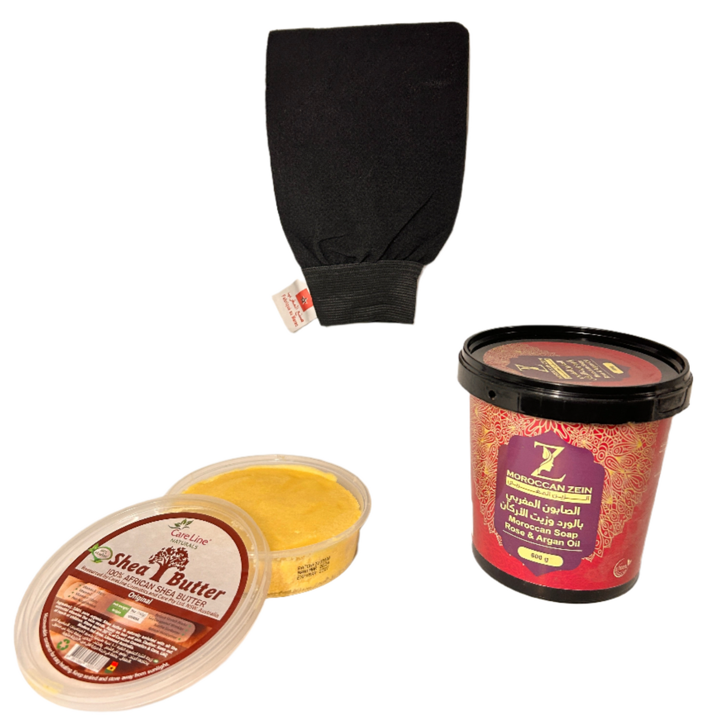 Stretch Mark Bundle Set of Three Product (Shea Butter, Moroccan Gloves, Moroccan Soap)