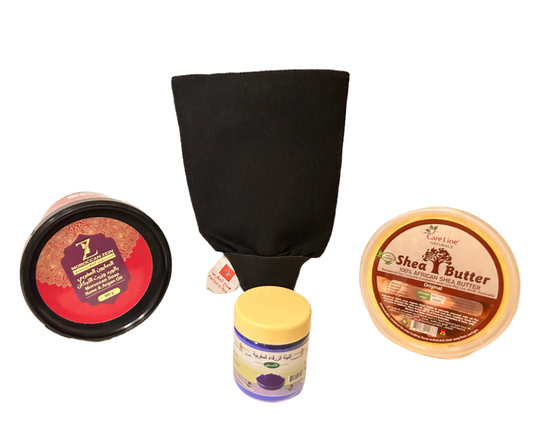 Stretch Mark Bundle Set of Four Product (Shea Butter, Moroccan Gloves, Moroccan Soap , Morrocon Nila) )